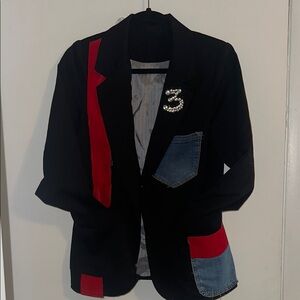 Elegant Black Blazer with Pearl and Denim Details